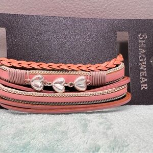 Pink and Silver Leather Heart Bracelet